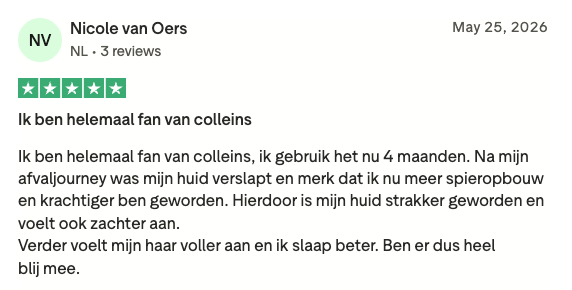 Trustpilot review van Nicole van Oers: vier maanden Colleins, huid strakker en zachter, haar voller, beter slapen
