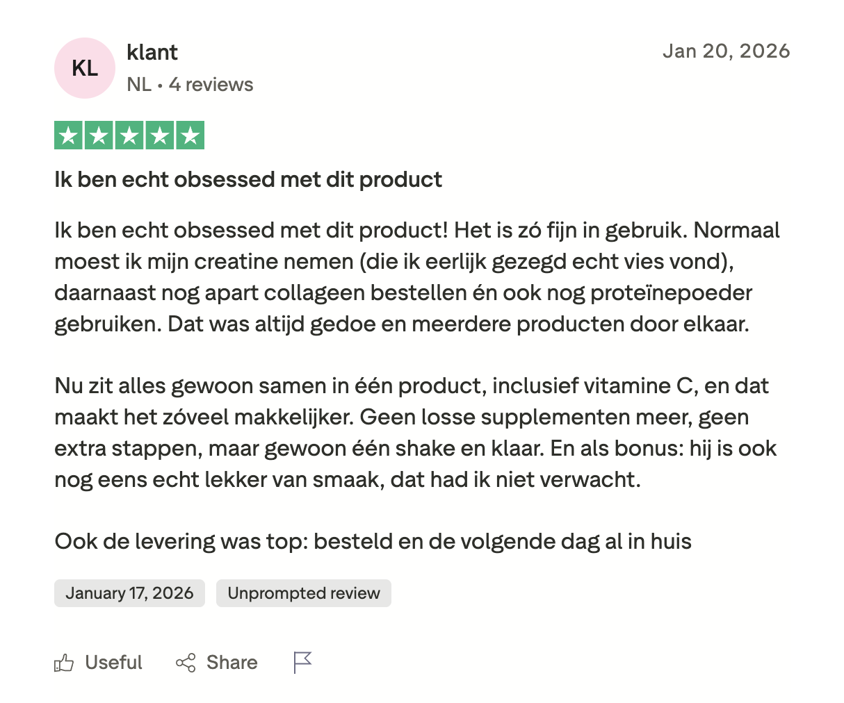 Trustpilot review van een klant over Colleins: 5 sterren, “Ik ben echt obsessed met dit product”