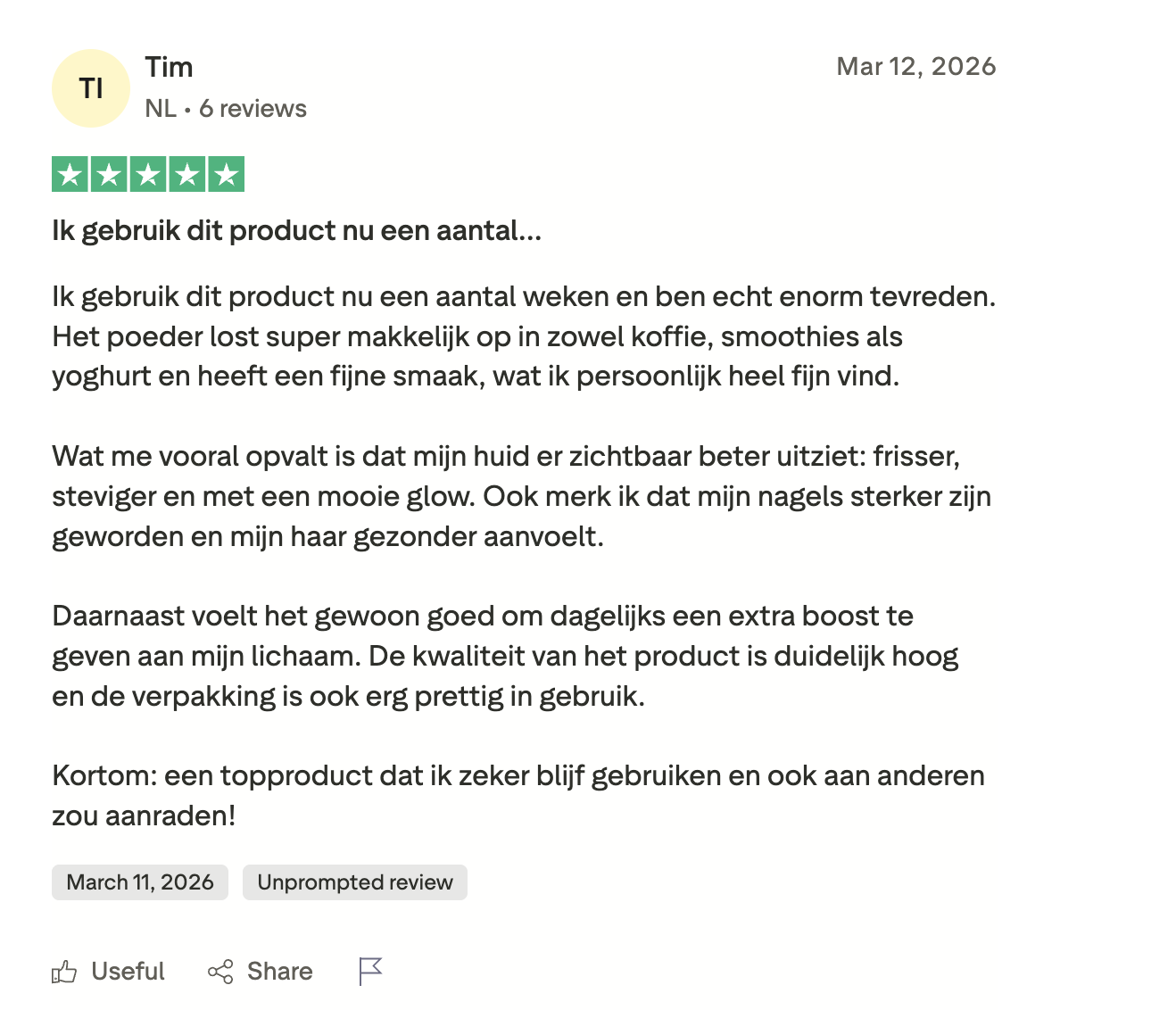 Trustpilot review van Tim over Colleins: 5 sterren, “Ik gebruik dit product nu een aantal weken”