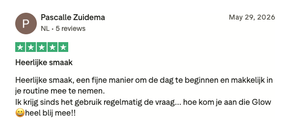 Trustpilot review van Pascalle Zuidema: heerlijke smaak en complimenten over haar glow