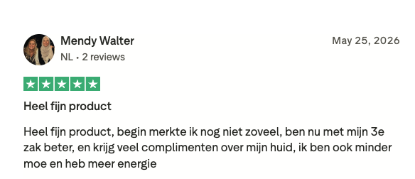 Trustpilot review van Mendy Walter: derde zak Colleins, complimenten over haar huid, minder moe en meer energie