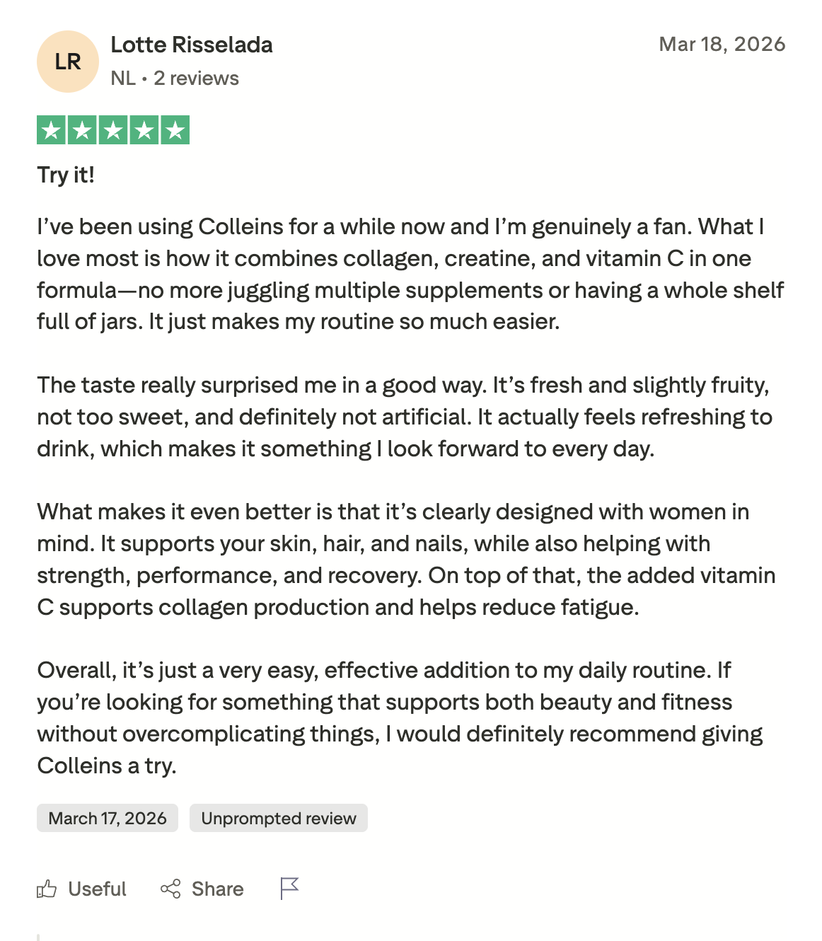 Trustpilot review van Lotte Risselada over Colleins: 5 sterren, “Try it!”