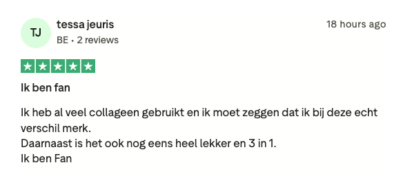 Trustpilot review van tessa jeuris: echt verschil gemerkt en lekkere smaak